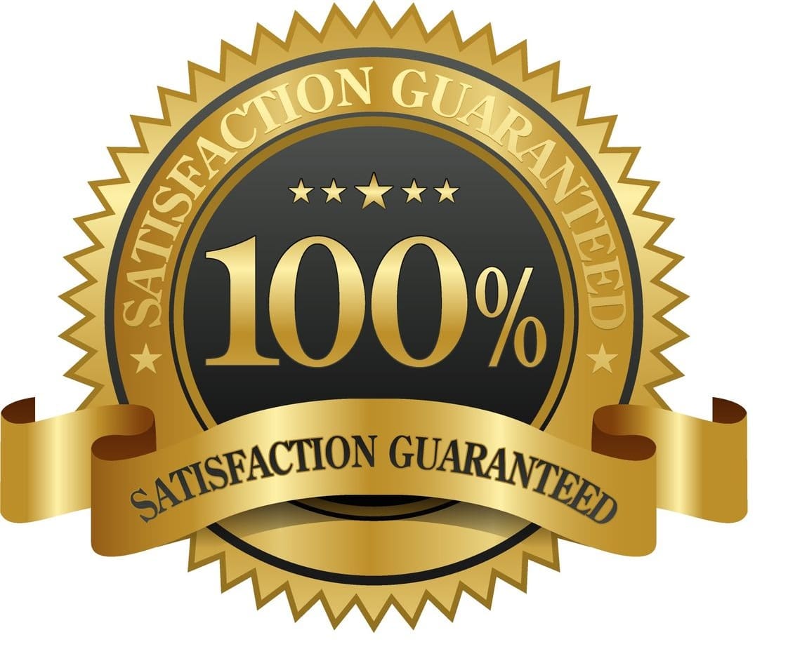 A gold and black seal that says 1 0 0 % satisfaction guaranteed.