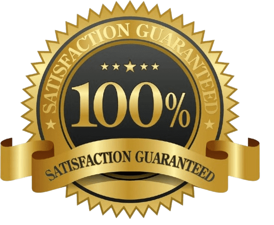 A gold seal that says 1 0 0 % satisfaction guaranteed.