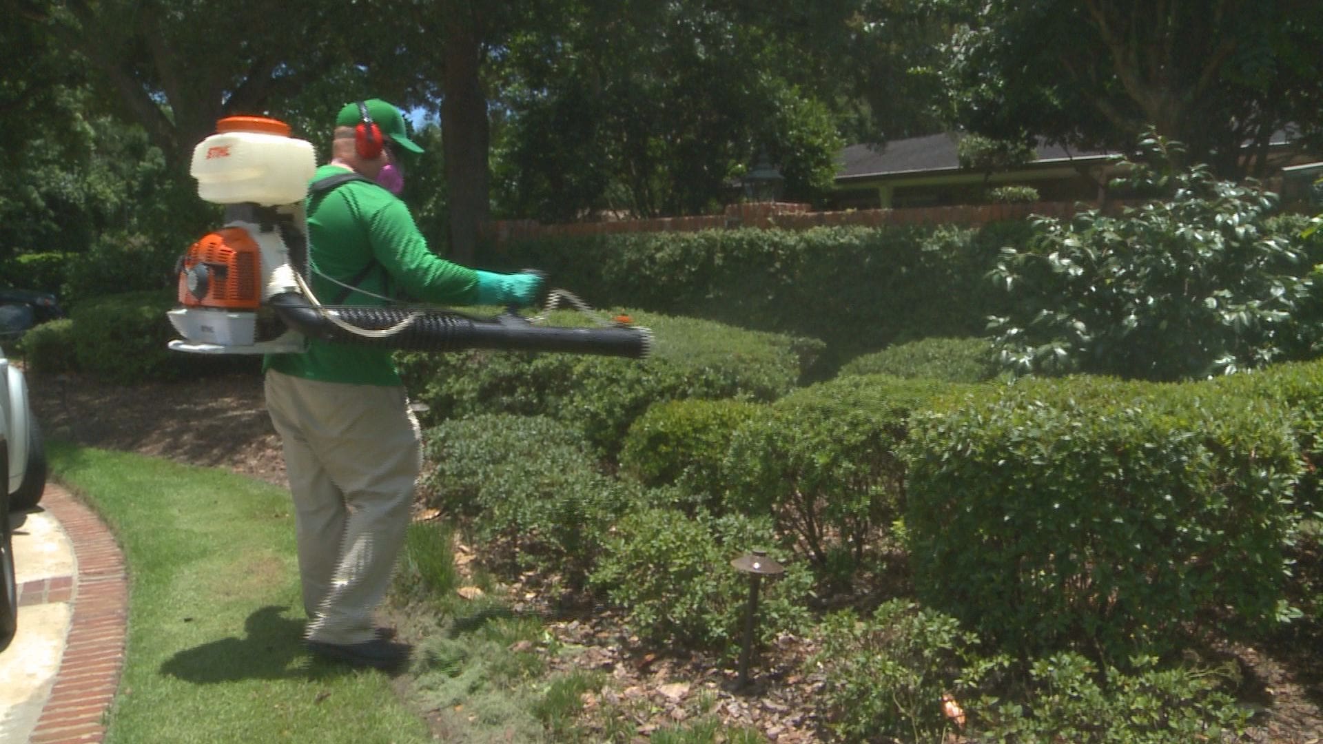 A man in green shirt holding a leaf blower.