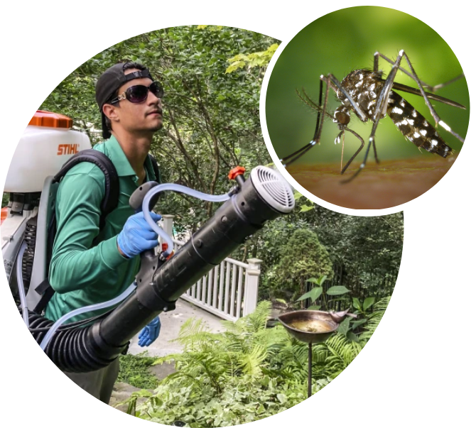 A man holding a bug exterminator next to a mosquito.